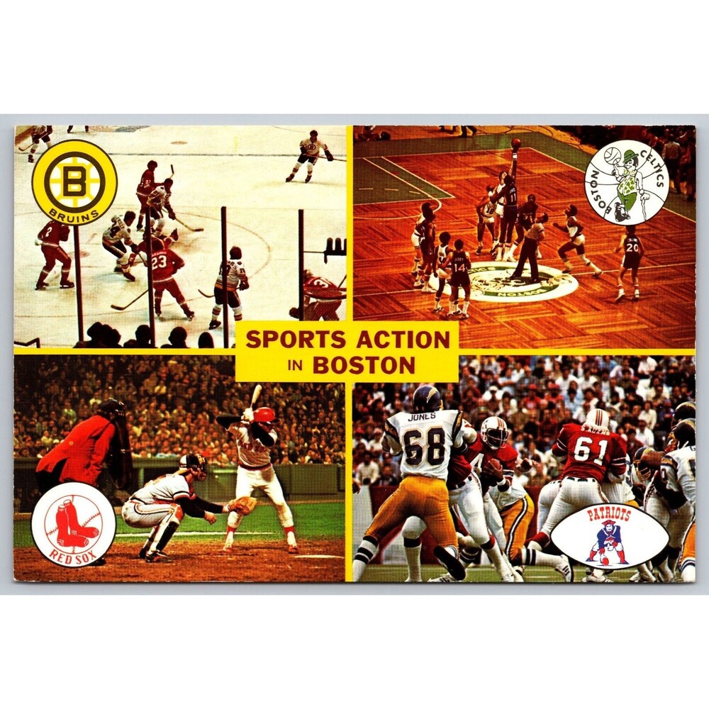 Vintage Sports Action in Boston Postcard Red Sox Bruins Celtics Patriots 4x6 MA